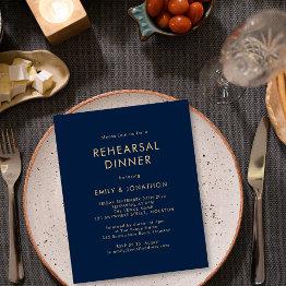 Small Budget Gold Navy Blue Rehearsal Dinner Invitation Front View