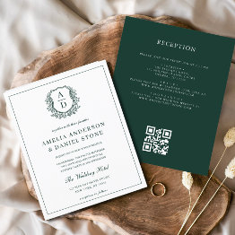 Small Budget Green Crest Wedding Qr Code Invitation Front View
