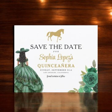 budget green gold quinceanera save the date
