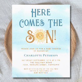 Small Budget Here Comes The Son Baby Shower Invitation Front View
