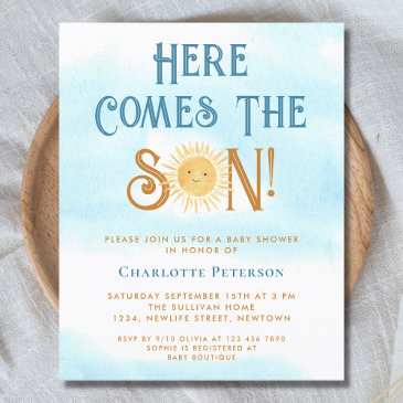 budget here comes the son baby shower invitation