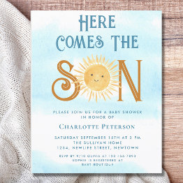 Small Budget Here Comes The Son Baby Shower Invitation Front View