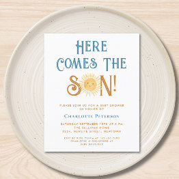 Small Budget Here Comes The Son Baby Shower Invitation Front View