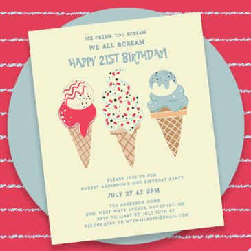 budget ice cream cone 21st birthday invitation