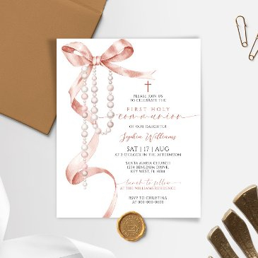 budget mocha bow first communion invitation