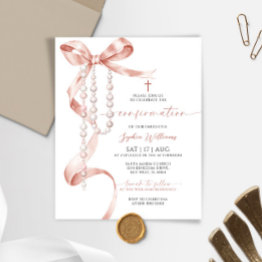 Small Budget Mocha Bow & Rosary Confirmation Invitation Front View