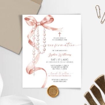 budget mocha bow & rosary confirmation invitation