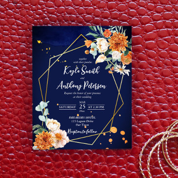 budget navy blue orange white roses wedding invite