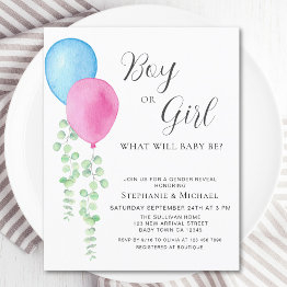 Small Budget Pink Blue Balloons Gender Reveal Invite Front View