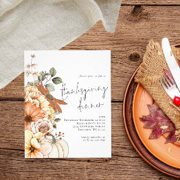 Small Budget Pumpkin Floral Thankgiving Dinner Invite Front View
