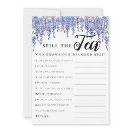 Small Budget Purple Floral Spill Tea Bridal Shower Game Invitation Front View