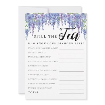 budget purple floral spill tea bridal shower game invitation