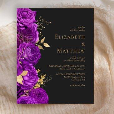 budget purple gold dark floral wedding invitation