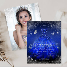 Small Budget Royal Blue Silver Gown Photo Quince Invite Front View