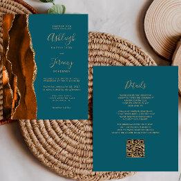 Small Budget Rust Gold Teal Qr Code Wedding Invitation Front View