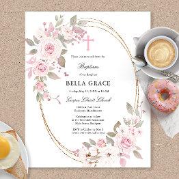 Small Budget Rustic Pink Rose Floral Baptism Invitation Front View