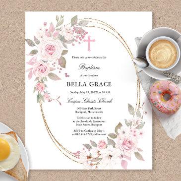 budget rustic pink rose floral baptism invitation