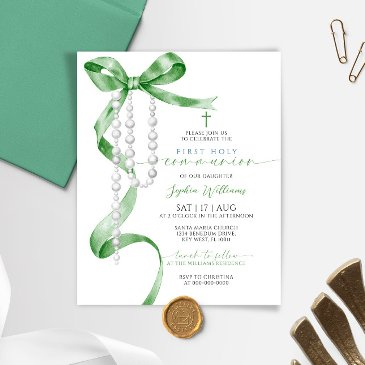budget sage green bow first communion invitation