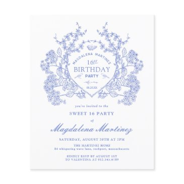 budget sweet 16 birthday blue floral crest