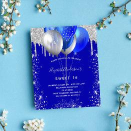 Small Budget Sweet 16 Royal Blue Silver Invitation Front View