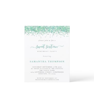 budget teal glitter sweet sixteen invitation