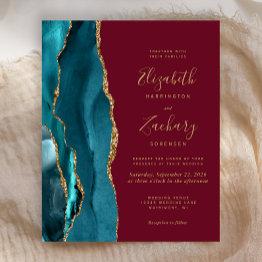 Small Budget Teal Gold Agate Burgundy Wedding Invitation Front View