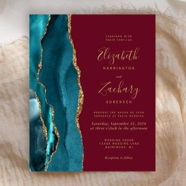 budget teal gold agate burgundy wedding invitation