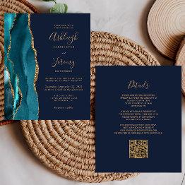 Small Budget Teal Gold Qr Code Navy Blue Wedding Invite Front View
