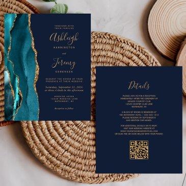budget teal gold qr code navy blue wedding invite