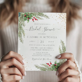 Small Budget Winter Greenery Bridal Shower Invitation Front View