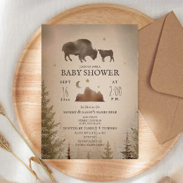 Small Buffalo Bison Desert Evergreen Baby Shower Rustic Invitation Front View