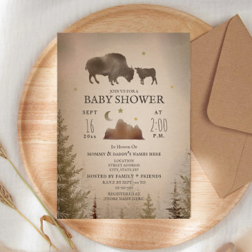 buffalo bison desert evergreen baby shower rustic invitation