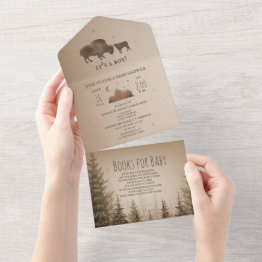 Small Buffalo Bison Evergreen Book Request Baby Shower All In One Invitation Front View