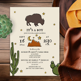 Small Buffalo Cactus Moon Desert Stars Baby Shower Invitation Front View