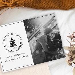 Small Buffalo Check Plaid Married And Merry Newlywed Holiday Invitations Front View