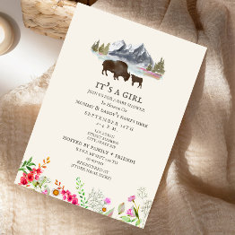 Small Buffalo Mama Mountain Wildflower Baby Shower Invitation Front View