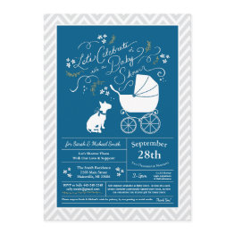 Small Bull Terrier Dog Baby Shower Blue Boy Invitation Front View