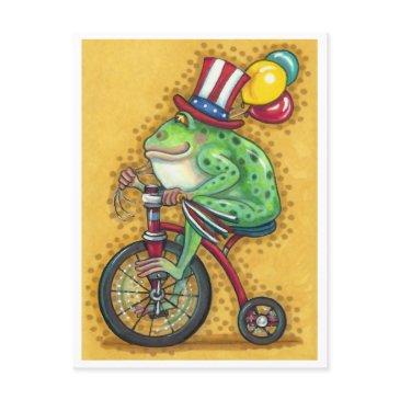 bullfrog 4th of july, frog tricycle & balloons holiday postinvitations