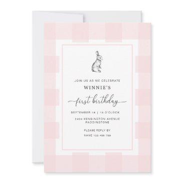 bunny rabbit pink gingham 1st birthday invitation