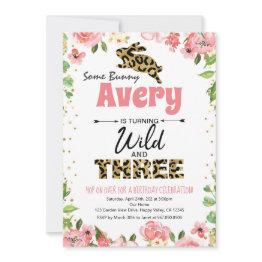 Small Bunny Wild & Three Girl 3rd Birthday Invitation Front View