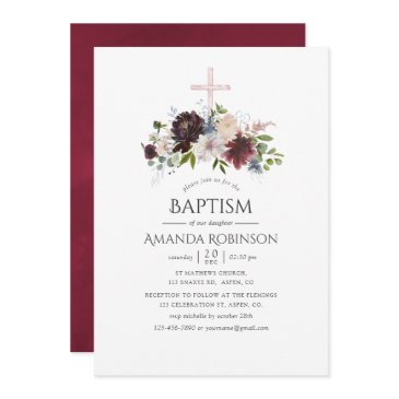 burgundy and blush floral baptism or christening invitation