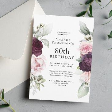 burgundy and pink floral elegant 80th birthday invitation