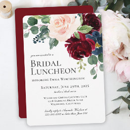 Small Burgundy Blush And Navy Floral Bridal Luncheon Invitation Front View