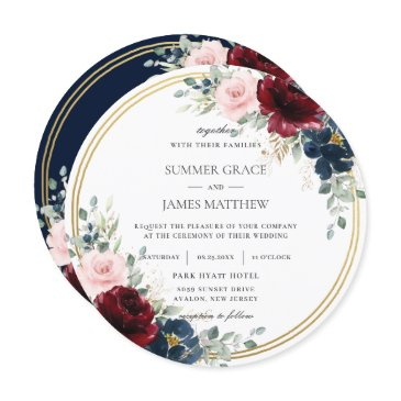 burgundy blush blue floral gold circle wedding invitation