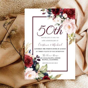 burgundy blush floral 50th wedding anniversary invitation