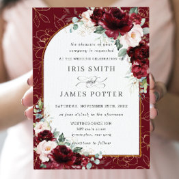 Small Burgundy Blush Floral Flowers Arch Gold Wedding Invitation Front View