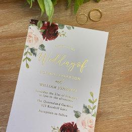 Small Burgundy & Blush Floral Gold Foil Text Wedding Foil Invitation Front View