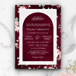 Small Burgundy Blush Floral White Lace Muslim Wedding Invitation Front View