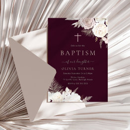 Small Burgundy, Blush & Ivory Floral Baptism Invitation Front View