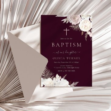 burgundy, blush & ivory floral baptism invitation